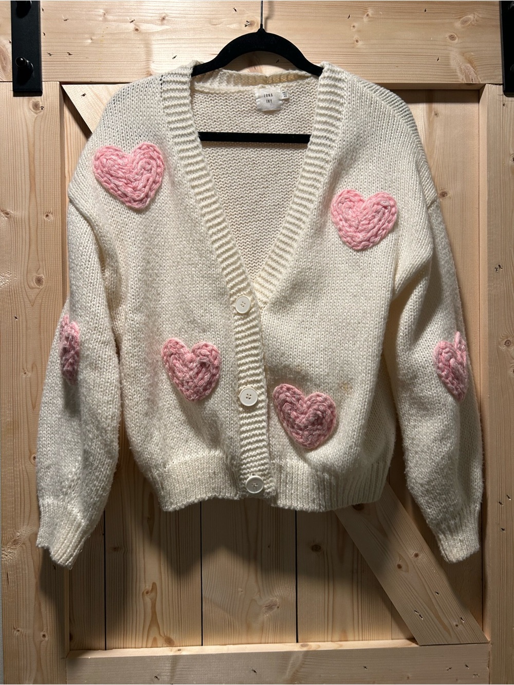 Cream Cardigan with Pink Heart Knit Appliqués